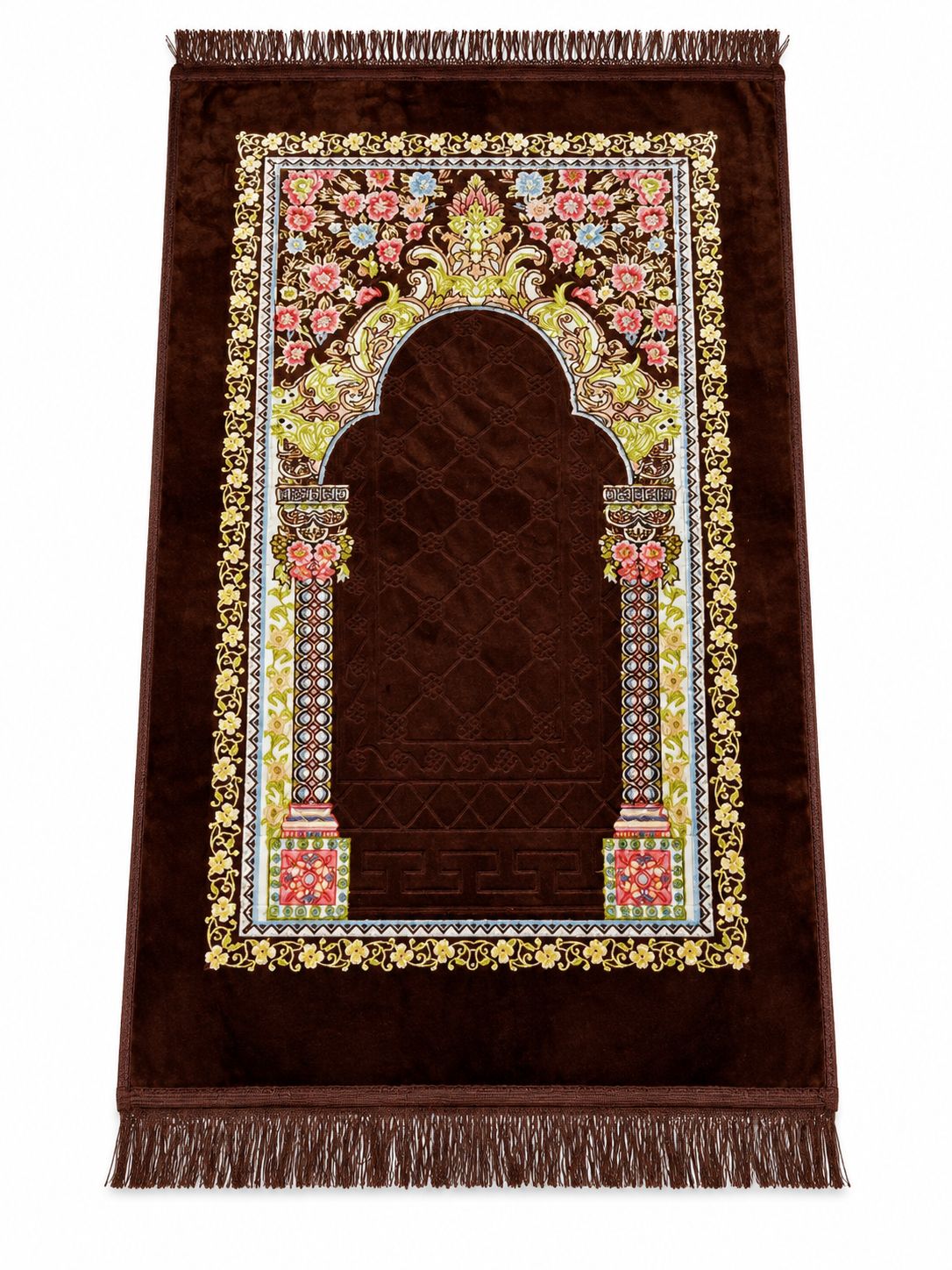 🕌 جانماز مخمل قهوهای طرح محراب و گلستان (تزئینات رنگی)
